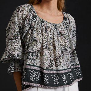 NWT Cleobella Anna Blouse in Geo Print Size M Black Grey Organic Cotton Back-tie